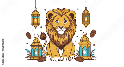 Lion Cub with Lanterns and Coffee Beans for Ramadan or Eid Decor