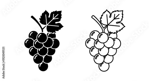 Black and white illustration of two bunches of grapes with leaves Vector