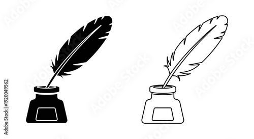 Feather quill pen inkwell illustration, vintage writing set, classic calligraphy tools Vector
