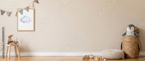 Cozy playroom decor with soft toys and wall art child's bedroom interior photography warm and inviting eye-level view childhood imagination and comfort