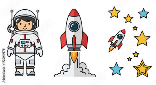Astronaut, Rocket Launch, and Stars: Space Adventure Illustration