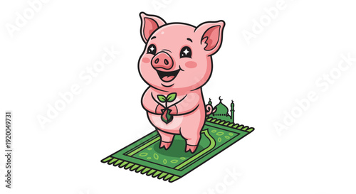 Pink piglet on green rug with small sprout and mosque silhouette