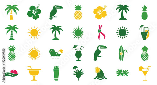 Tropical Summer Icons: Palm Trees, Toucans, Pineapples, Cocktails, Sun, Flowers