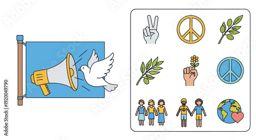 Peace Dove Flying Out of Megaphone and Peace Symbols Collection