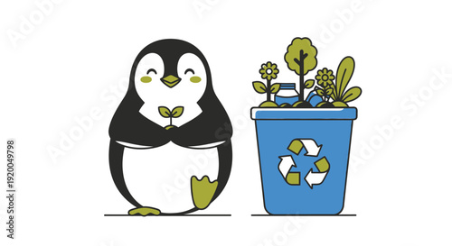 Penguin and Recycling Bin with Plants for Eco Friendly Concept