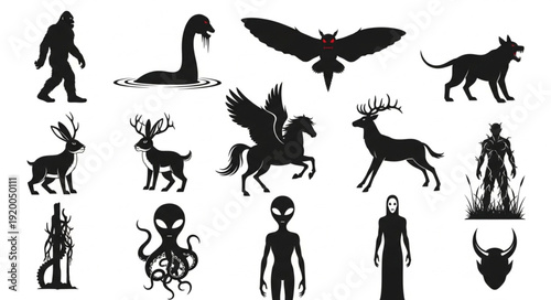 Collection of mythical creatures and cryptids silhouettes.