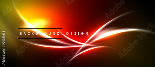 Abstract vibrant design. Orange, red hues dominate. Smooth curves intersect, creating dynamic visual effect. Dark background enhances luminosity.