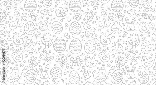 Adorable black and white doodle seamless pattern featuring cute Easter bunnies chickens and decorated eggs perfect for coloring activities