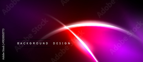 Abstract neon lights create vibrant curves, gradients. Dark background emphasizes glowing red, purple elements. Modern design.