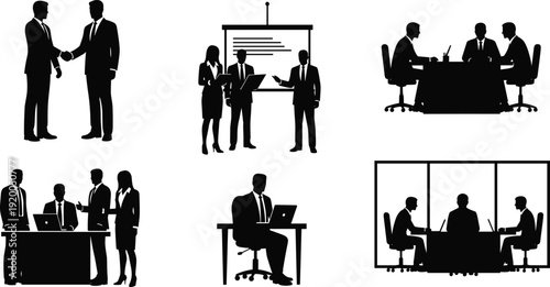 Professional business people silhouettes in office meeting scenes having conversations and working on laptops cad drawing flat vector illustration corporate teamwork,