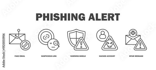 phishing alert banner web icon vector illustration featuring icons of fake email, suspicious link, warning shield, hacked account, spam message.