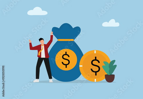 Businessman celebrating financial success with money bag and coin