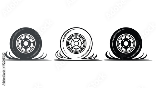 Tire vector icons in different motion states on a white background