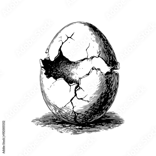 Realistic cracked egg illustrated in detailed hand-drawn ink style on white background, symbolizing fragility, birth, or transformation