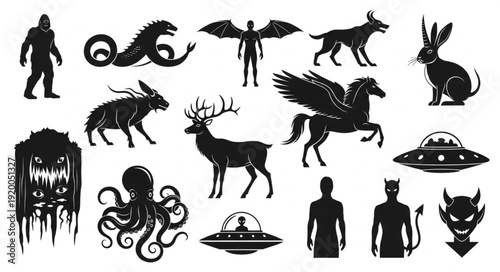 Collection of mythical creatures and fantasy characters silhouettes.