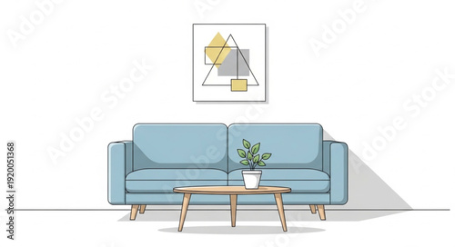 Modern living room with a light blue sofa and abstract art.