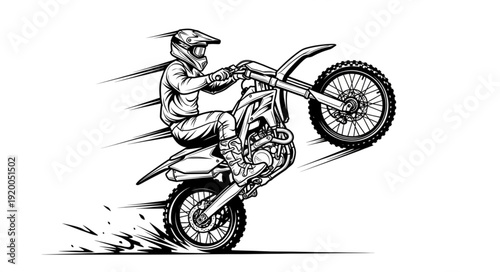 Motorcyclist performing a wheelie on a dirt bike.