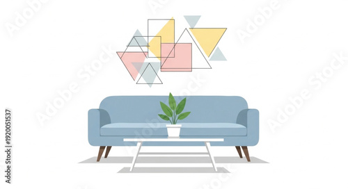 Modern Blue Sofa with Geometric Wall Art and Coffee Table.