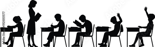 Silhouette of a teacher and students in a classroom, children sitting at desks studying, reading, and raising hands for education, learning vector.