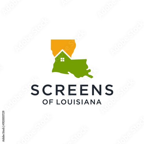 Screens of Louisiana Logo with House and State Map.