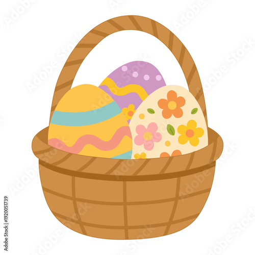 A brown woven basket holds three colorful Easter eggs, yellow striped, floral cream, and purple dotted, symbolizing festive tradition and spring celebration.