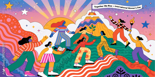 A vibrant illustration of people celebrating International Women's Day together on a colorful hill with a sunny sky