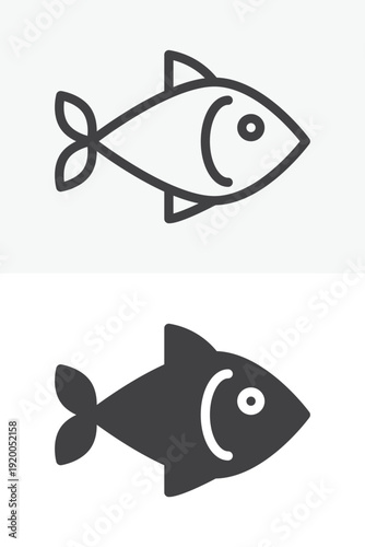 Fish seafood icon set in line and solid style. Outline and filled fish icon with editable stroke vector sign and symbol for organic market and healthy food design.
