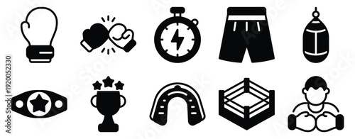 Boxing fitness solid mix style icon set for training gear workout and fight sport symbols