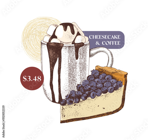 Cocoa with marshmallows and blueberry cheesecake