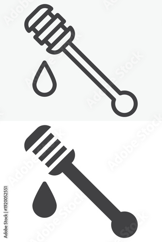 Honey ladle icon set in line and solid style. Outline and filled honey dipper icon with editable stroke vector sign and symbol for organic sweetener and farm product.