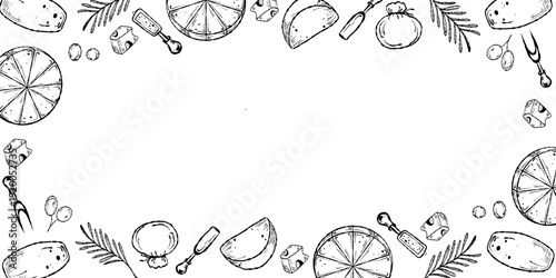 Hand drawn Cheese Border, Monochrome Food Frame. Charcuterie Menu Frame, Cheese and Garnish Background