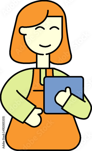 Architecture Smiling woman holding digital tablet in apron with cheerful expression