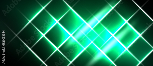 Dark background features bright green glowing grid pattern. Lines intersect creating luminous diamond shapes, vibrant energy.