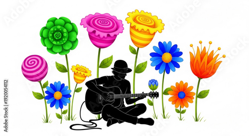Musician plays guitar among colorful flowers and roses in garden symbolizing creativity and serenity in nature