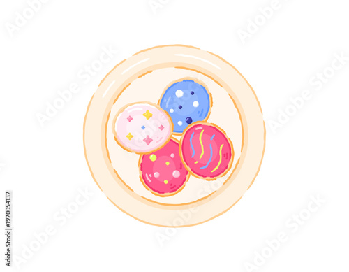 Illustration of a plate of Easter egg cookies. Colorful Easter egg biscuits with beautiful patterns. Special food or snack for Easter celebrations. Festivals, events, parties, banquets. Flat design 