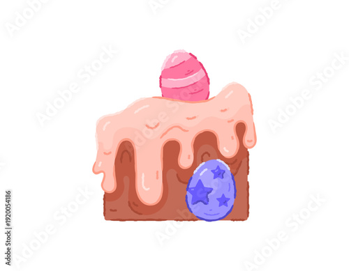 Illustration of a piece of chocolate cake with Easter egg candy. Brownies covered with pink icing. Easter special food. Festival, event, party, dish. Flat style design outline crayon. White background