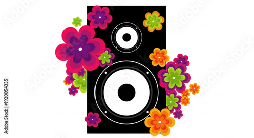 Colorful floral design on a black speaker with white accents and vibrant flowers