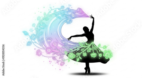Silhouette of a woman dancing with colorful swirling floral patterns in the background expressing joy and freedom in a creative dance motion