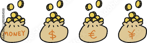 色々な通貨のコインが入った現金袋の手描きイラストセット