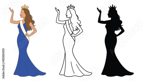 Queen vector illustrations in different styles and colors waving to audience