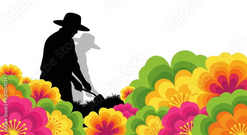 Silhouette of a man and woman gardening together surrounded by vibrant flowers in a lush garden