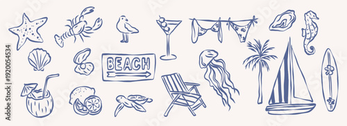 Hand drawn retro summer vacation illustrations