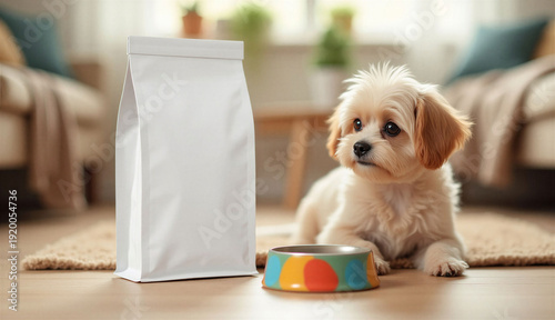 Mockup of Pet Food Packaging with cute puppy and his colored bowl on the background of the living room