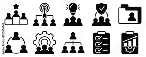 Teamwork management solid mix style icon set for leadership organization collaboration reports and project workflow