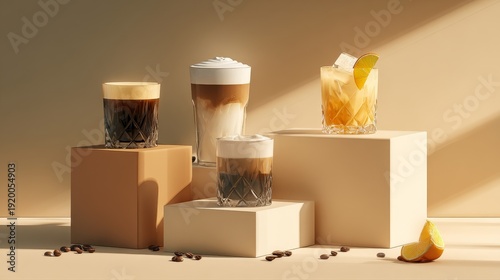 A minimalistic luxury coffee photography. five short crystal-cut glass cups filled with different coffee beverages. espresso. latte with milk foam art. iced coffee. coffee with citrus garnish.