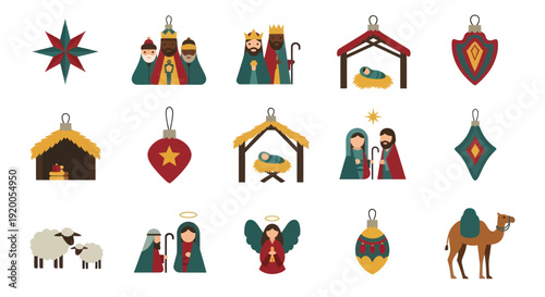 Christmas Nativity Scene Ornaments Pixel Art Icons Set