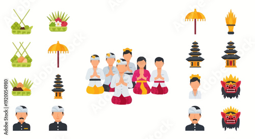 Balinese people praying with offerings, temples, and barong mask illustration