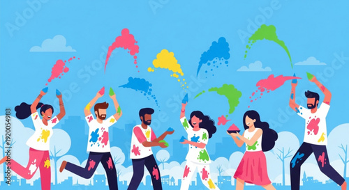 People celebrating Holi festival with colorful powder joyful outdoor activity flat design illustration for festive events