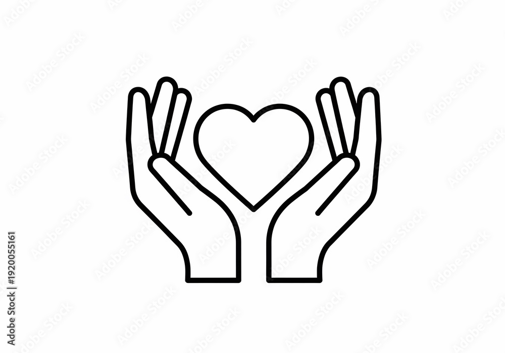 Fototapeta premium Simple line icon of hands holding a heart symbolizing care and compassion in a minimalistic illustration style