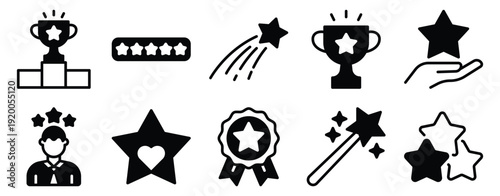 Star achievement solid mix style icon set for awards ratings rewards badges and winner recognition